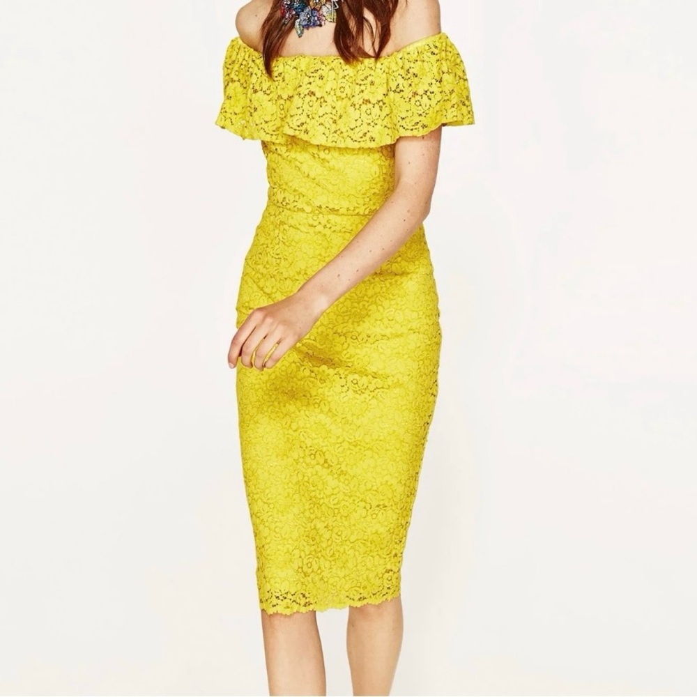 NWT ZARA Yellow Lace Detail Off-the-Shoulder Knee Length Midi Party Dress